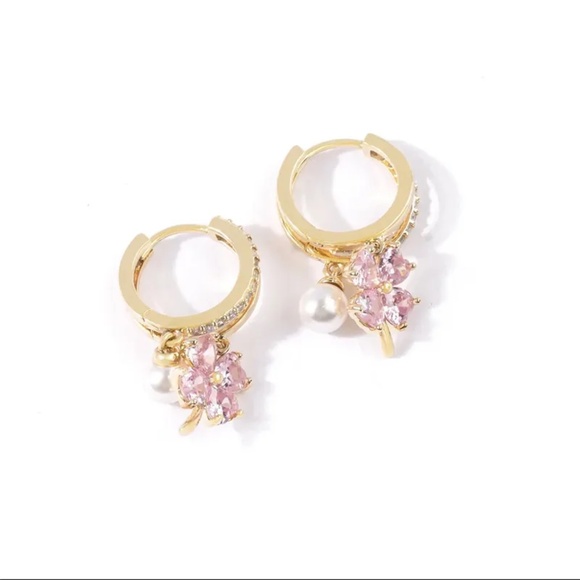3/$35 Gold Hoop Earrings with Pink Crystal Flower Charm Dainty Sparkly Jewelry - Picture 4 of 6